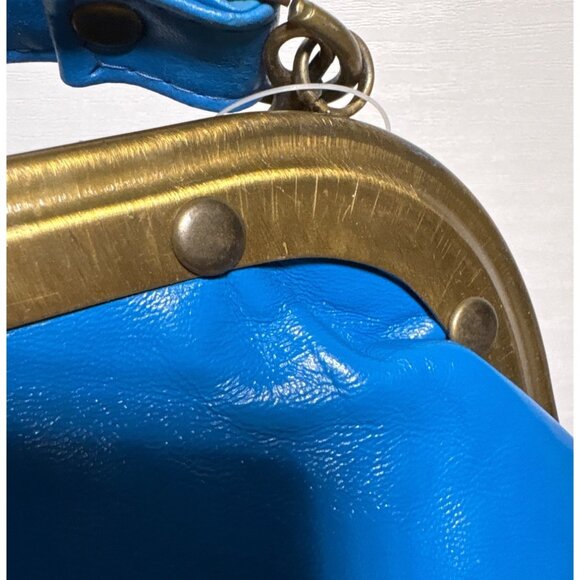 Vera Pelle Purse Italian Blue Leather Frame Bag Brass Hardware Strap Vtg READ - Picture 13 of 16